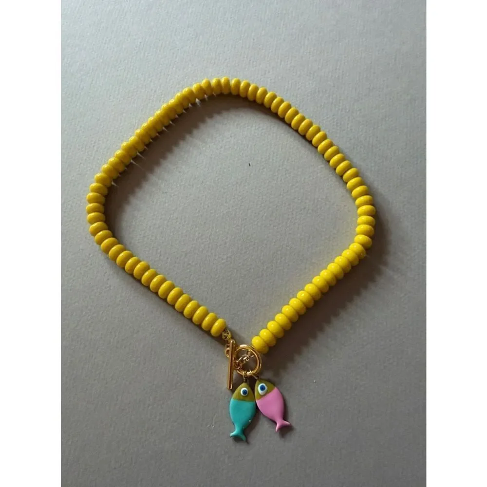 Yellow Beaded Necklace Fish Charms A1774